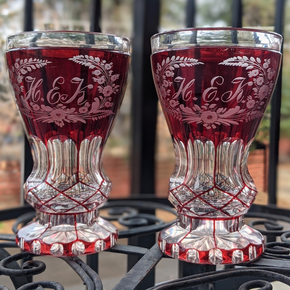 Antique Victorian Ruby Red Engraved Goblets